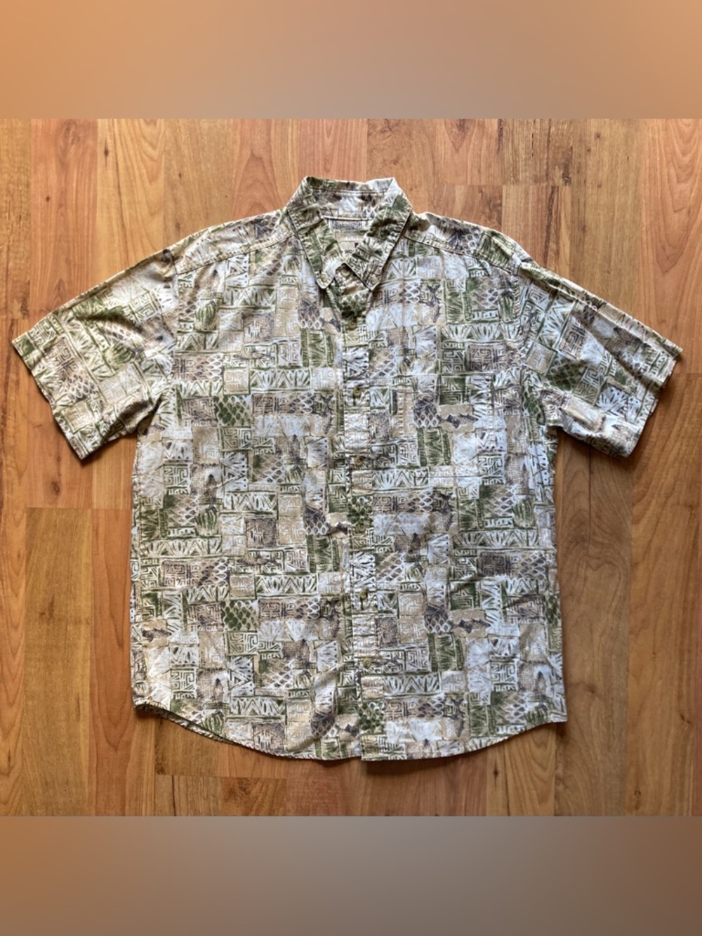 Woolrich Short Sleeve Safari Hawaiian Shirt Mens L Primitive Fish Beige Green
